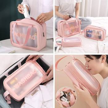 Pink transparent pvc travel cosmetic wash bag 3 pcs set (large medium small) 3
