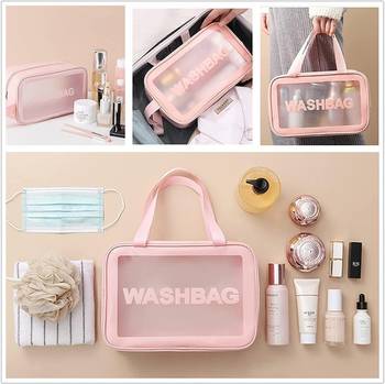 Pink transparent pvc travel cosmetic wash bag 3 pcs set (large medium small) 4