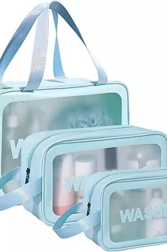 Blue transparent pvc travel cosmetic wash bag 3 pcs set (large medium small)