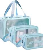 Blue transparent pvc travel cosmetic wash bag 3 pcs set (large medium small)