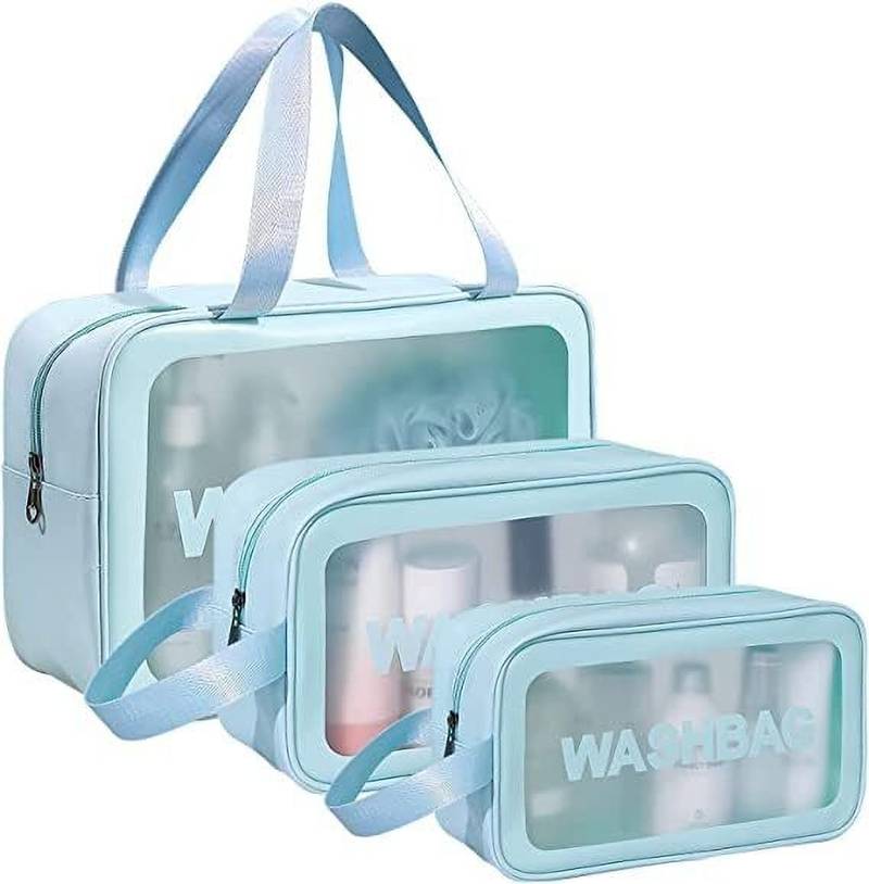 Blue transparent pvc travel cosmetic wash bag 3 pcs set (large medium small)