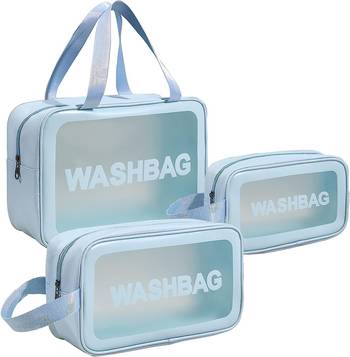 Blue transparent pvc travel cosmetic wash bag 3 pcs set (large medium small) 2