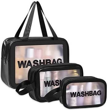 Black transparent pvc travel cosmetic wash bag 3 pcs set (large medium small) 1