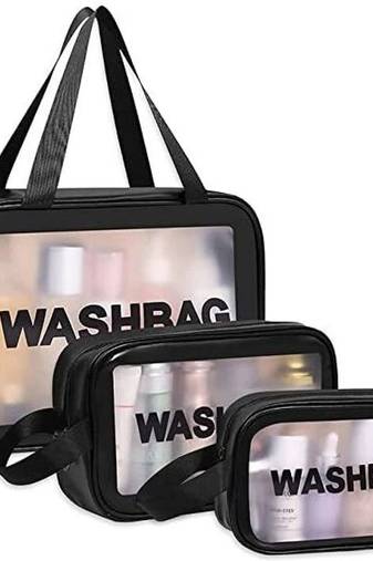 Black transparent pvc travel cosmetic wash bag 3 pcs set (large medium small)