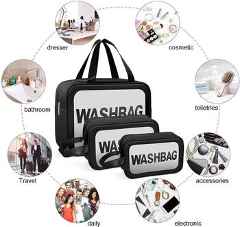 Black transparent pvc travel cosmetic wash bag 3 pcs set (large medium small) 2