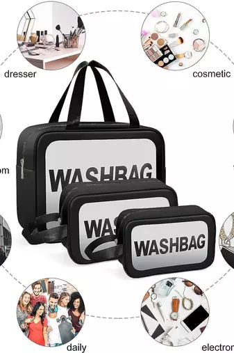 Black transparent pvc travel cosmetic wash bag 3 pcs set (large medium small)