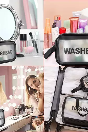 Black transparent pvc travel cosmetic wash bag 3 pcs set (large medium small)