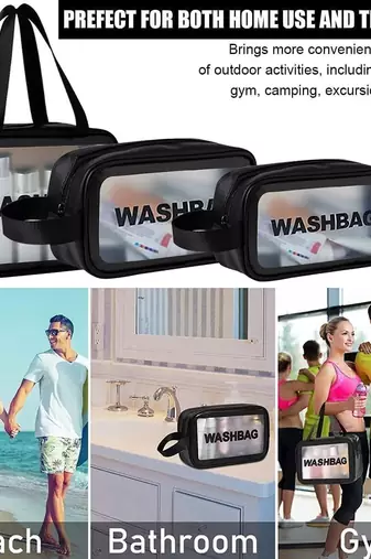 Black transparent pvc travel cosmetic wash bag 3 pcs set (large medium small)