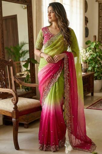 Olive Color Embroidery Sequence work fendy satin Saree