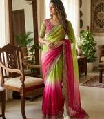 Olive Color Embroidery Sequence work fendy satin Saree