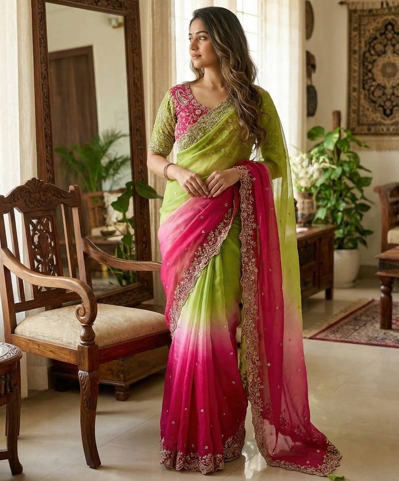 Olive Color Embroidery Sequence work fendy satin Saree