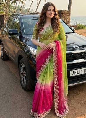 Olive Color Embroidery Sequence work fendy satin Saree 3