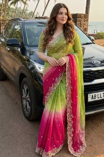 Olive Color Embroidery Sequence work fendy satin Saree