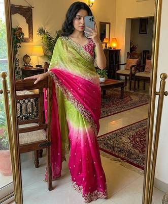 Olive Color Embroidery Sequence work fendy satin Saree 4