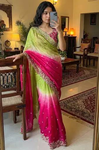 Olive Color Embroidery Sequence work fendy satin Saree