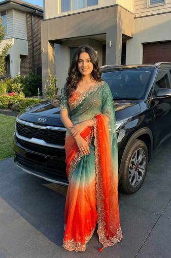 Orange Color Embroidery Sequence work fendy satin Saree