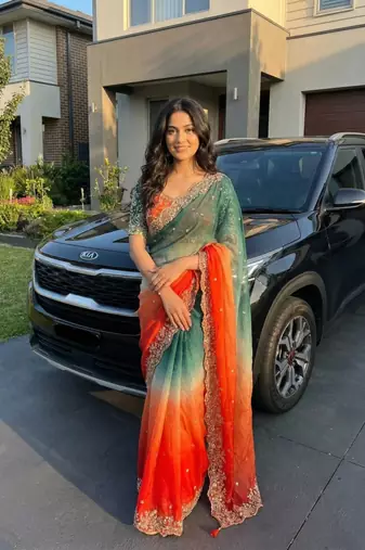 Orange Color Embroidery Sequence work fendy satin Saree