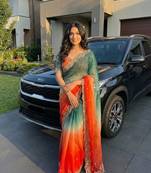 Orange Color Embroidery Sequence work fendy satin Saree