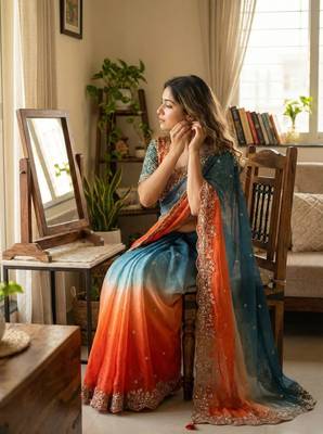 Orange Color Embroidery Sequence work fendy satin Saree 2