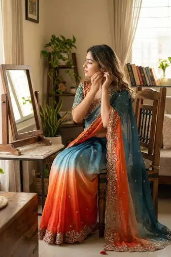 Orange Color Embroidery Sequence work fendy satin Saree