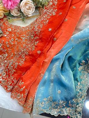Orange Color Embroidery Sequence work fendy satin Saree 4