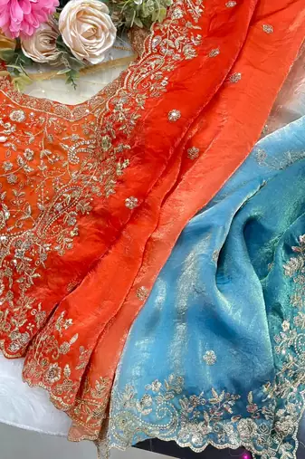 Orange Color Embroidery Sequence work fendy satin Saree