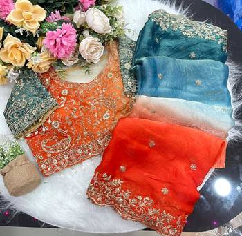 Orange Color Embroidery Sequence work fendy satin Saree 5