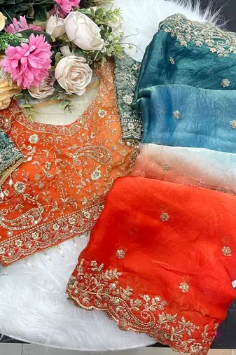 Orange Color Embroidery Sequence work fendy satin Saree