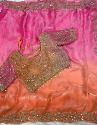 Pink Color Embroidery Sequence work fendy satin Saree 2