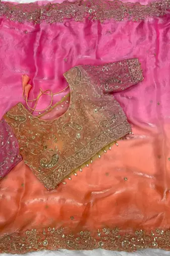 Pink Color Embroidery Sequence work fendy satin Saree