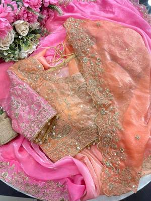 Pink Color Embroidery Sequence work fendy satin Saree 3