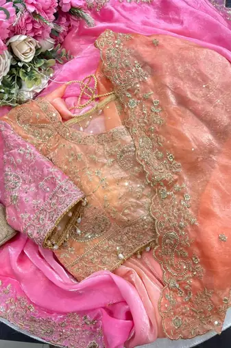 Pink Color Embroidery Sequence work fendy satin Saree
