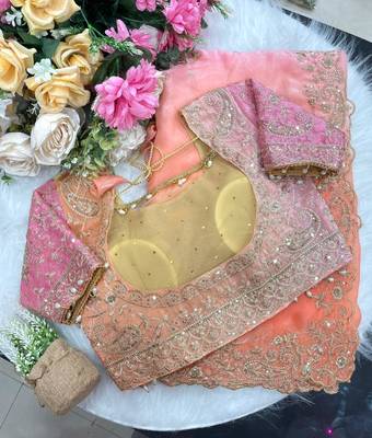 Pink Color Embroidery Sequence work fendy satin Saree 4
