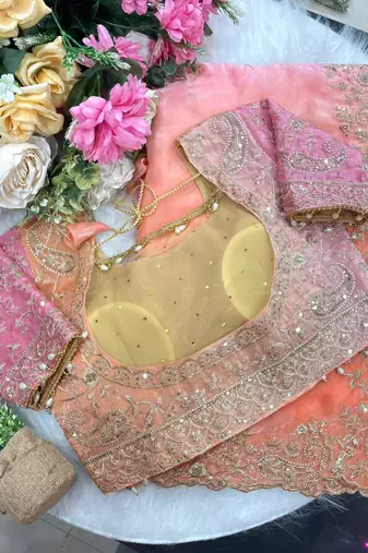 Pink Color Embroidery Sequence work fendy satin Saree