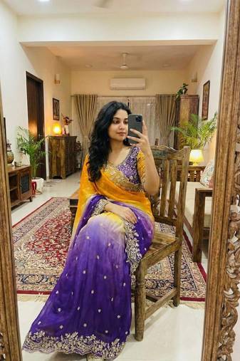 Purple Color Embroidery Sequence work fendy satin Saree