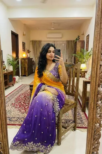 Purple Color Embroidery Sequence work fendy satin Saree
