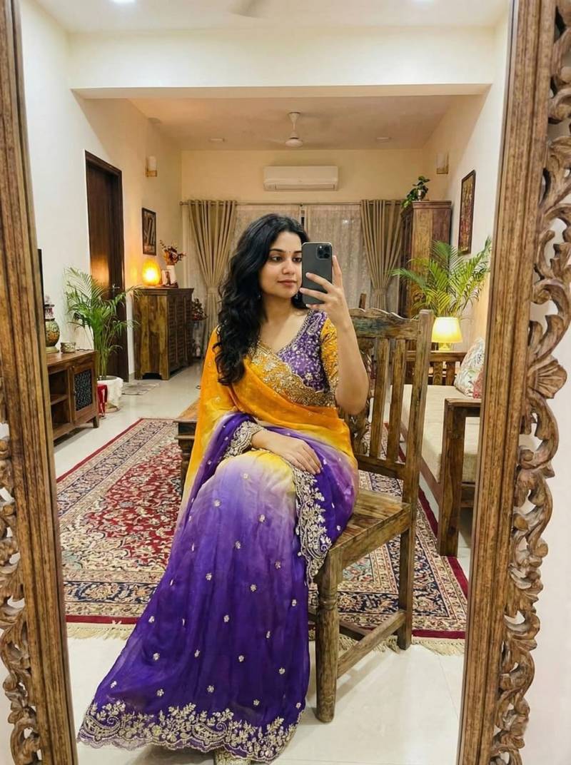 Purple Color Embroidery Sequence work fendy satin Saree