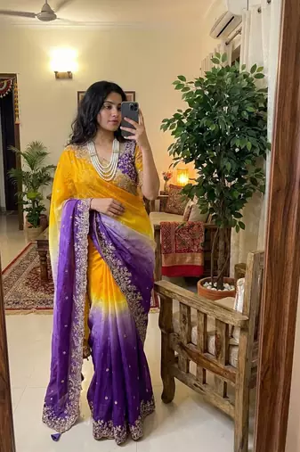 Purple Color Embroidery Sequence work fendy satin Saree