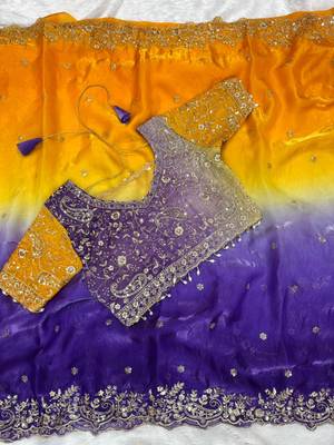 Purple Color Embroidery Sequence work fendy satin Saree 4