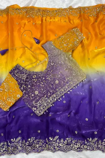 Purple Color Embroidery Sequence work fendy satin Saree
