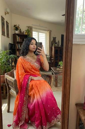 Rani Pink Color Embroidery Sequence work fendy satin Saree