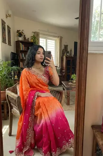 Rani Pink Color Embroidery Sequence work fendy satin Saree