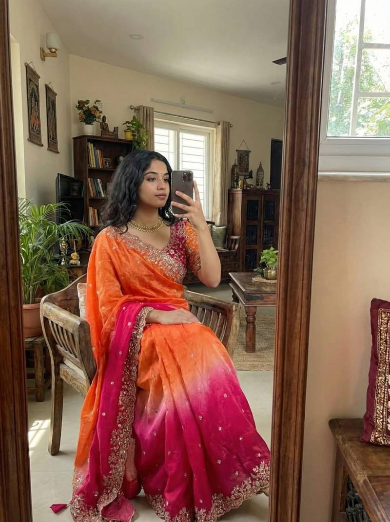 Rani Pink Color Embroidery Sequence work fendy satin Saree