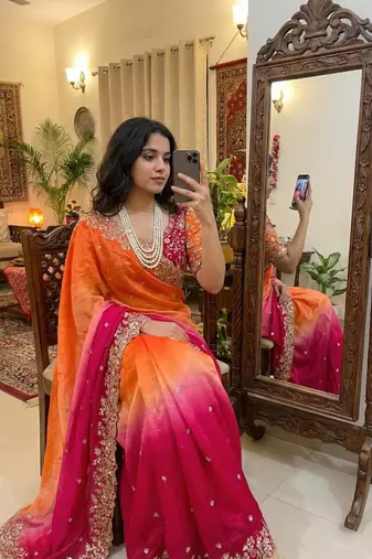 Rani Pink Color Embroidery Sequence work fendy satin Saree