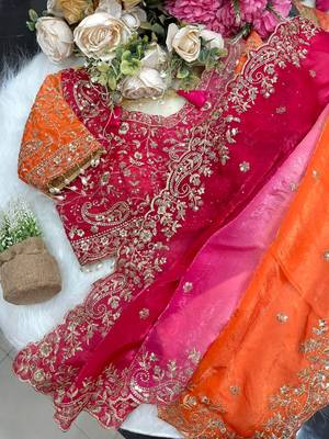 Rani Pink Color Embroidery Sequence work fendy satin Saree 4