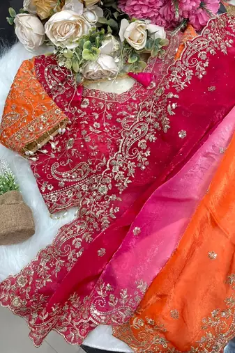 Rani Pink Color Embroidery Sequence work fendy satin Saree