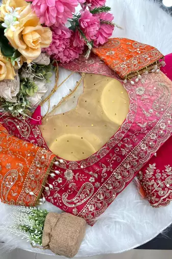 Rani Pink Color Embroidery Sequence work fendy satin Saree