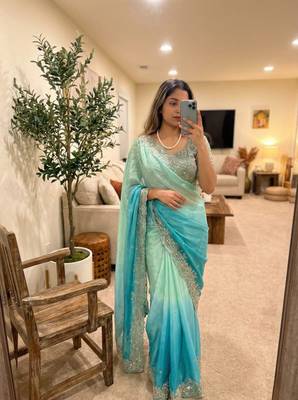 Sky Blue Color Embroidery Sequence work fendy satin Saree 1