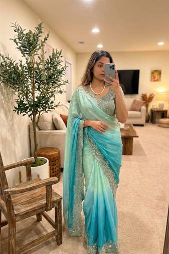 Sky Blue Color Embroidery Sequence work fendy satin Saree