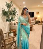 Sky Blue Color Embroidery Sequence work fendy satin Saree